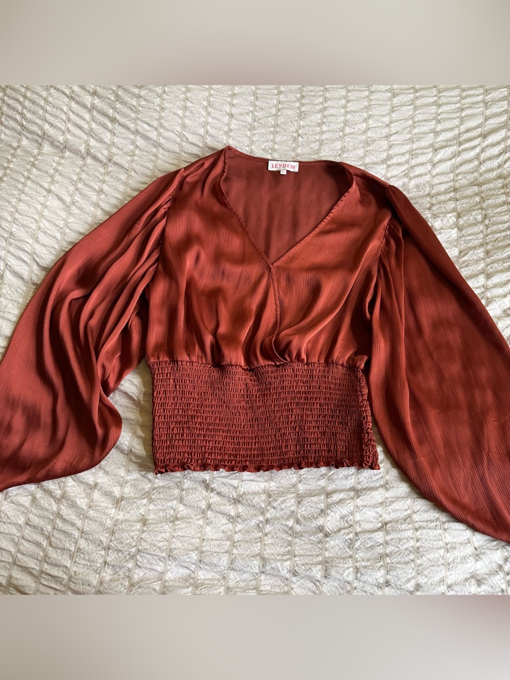 Leyden Rust Red V-Neck Smocked-Waist Blouse